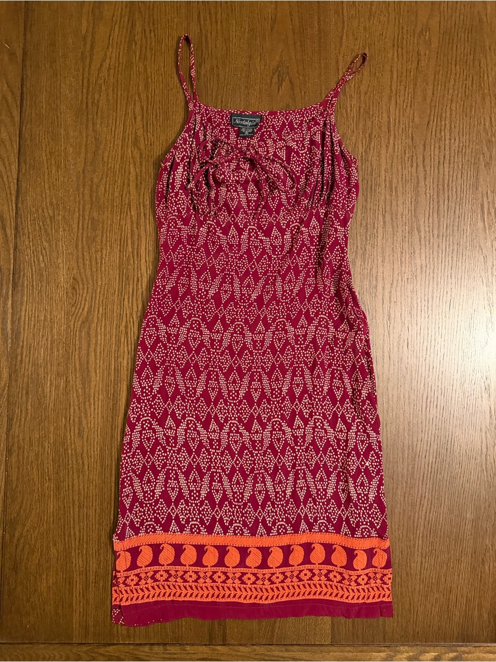 Vintage 90s Nostalgia Red Printed Boho Mini Dress with Orange Hem